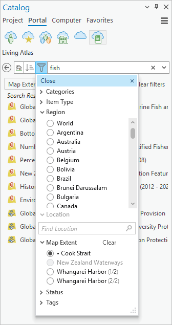 Liste déroulante de filtrage dans la fenêtre Catalogue
