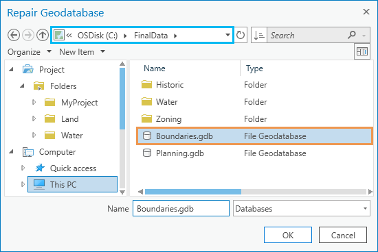 Boîte de dialogue Réparer la géodatabase illustrant la géodatabase Boundaries sélectionnée