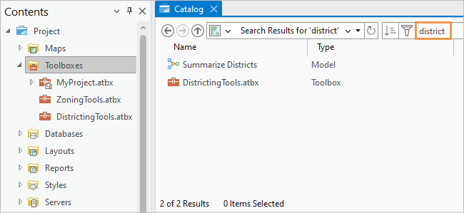 Résultats de la recherche dans une vue de catalogue pour une recherche du conteneur Boîtes à outils
