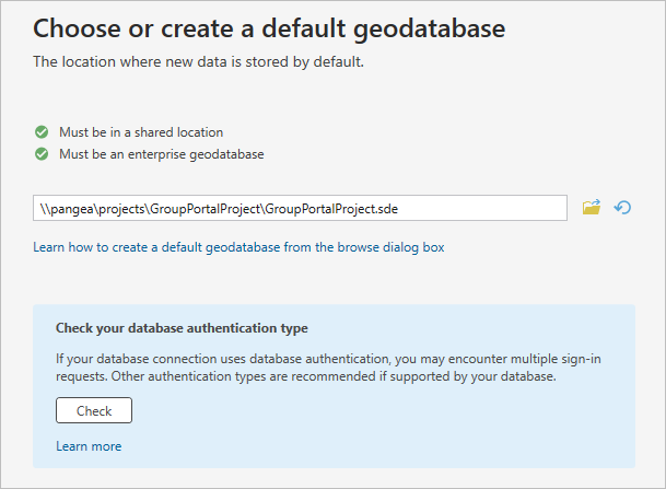 Page de la géodatabase par défaut de l’assistant