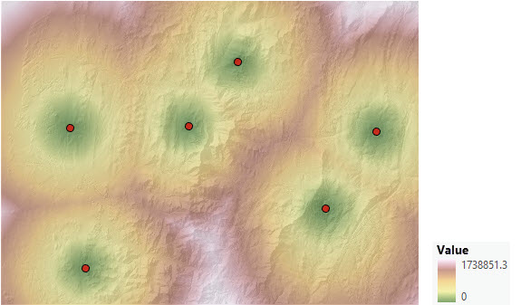 Carte d’une distance de coût cumulé à partir de six points
