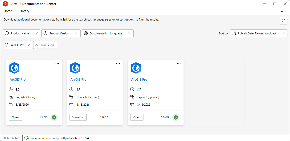 英語版以外のドキュメント セットが表示されている ArcGIS Documentation Center