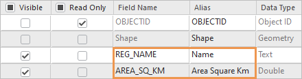 エイリアスが適用された Regions テーブルのフィールド ビュー
