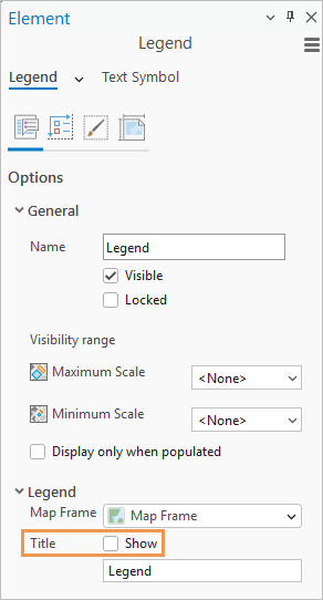 タイトルを非表示にするために表示チェックボックスがオフになっている凡例プロパティ