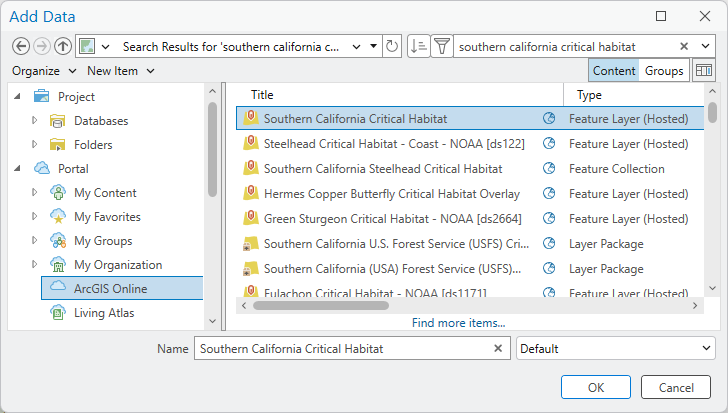 参照 ダイアログ ボックスで選択された Southern California Critical Habitat レイヤー