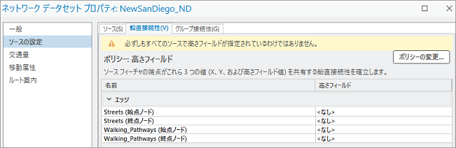 ネットワーク データセット プロパティ ウィンドウの