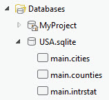 カタログ ウィンドウで展開された SQLite データベース