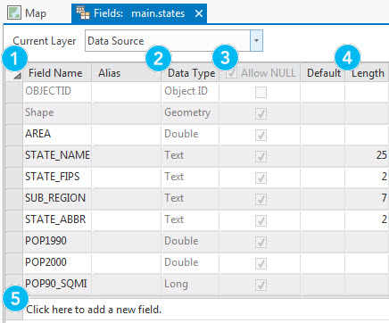 フィールド ビューを使用してフィールド プロパティを表示し、SQLite テーブルまたは GeoPackage テーブルにフィールドを追加します。