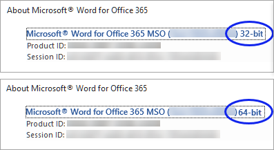 Microsoft Word のバージョン情報ウィンドウには、インストール済みの Microsoft 製品のビット バージョンが示されます