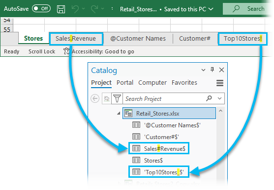 Excel と ArcGIS Pro での 2 つのワークシート名の表示の比較