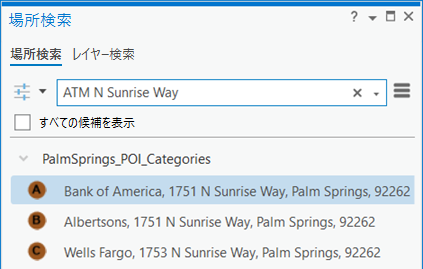 場所検索ウィンドウでストリート名を使用した POI カテゴリー検索の結果