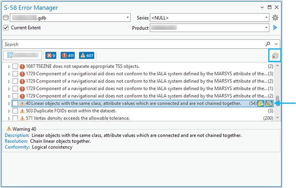 Remove all primitive and error geometries button highlighted in the S-58 Error Manager pane