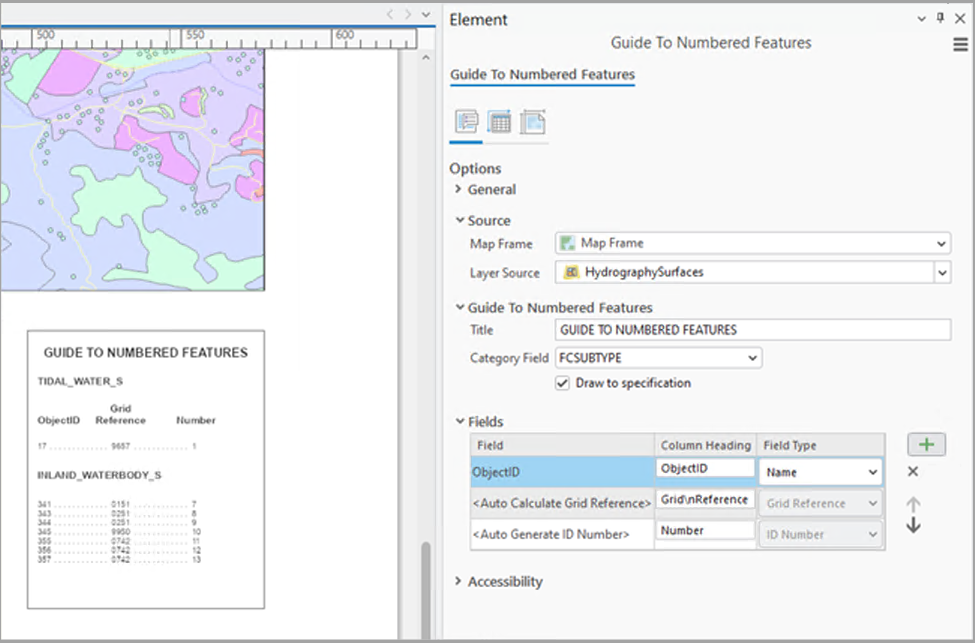 ArcGIS Pro Element pane for a Guide To Numbered Features element with the element in view on a layout