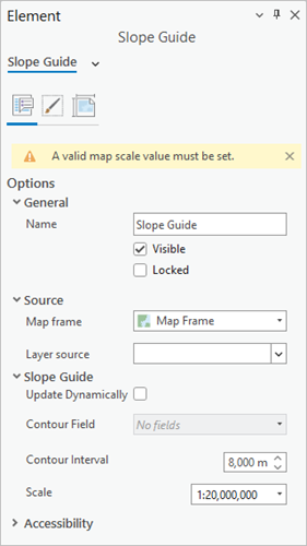Element pane showing Slope Guide element properties with a warning message.
