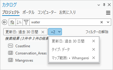 カタログ ウィンドウのアクティブなフィルターのドロップダウン リスト
