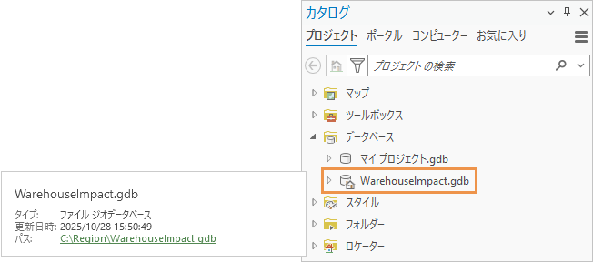 カタログ ウィンドウとデフォルト ジオデータベースのパスを示すアイテム ポップアップ