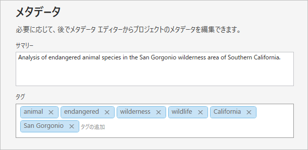 ウィザードのメタデータ ページ