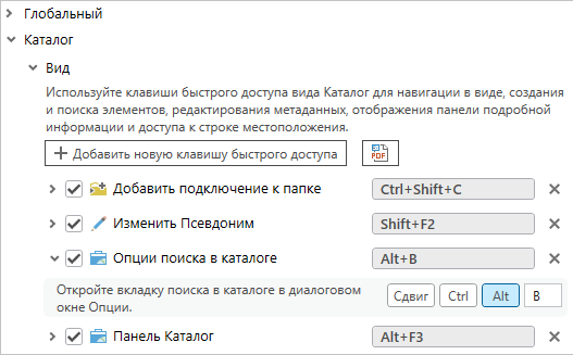 Клавиши быстрого доступа вида каталога