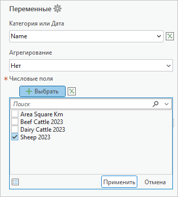 Вкладка Данные панели Свойства диаграммы с выбранным полем Sheep 2023