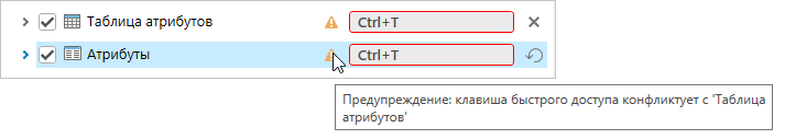 Значок предупреждения с подсказкой, отображаемый рядом с дублирующейся клавишей быстрого доступа