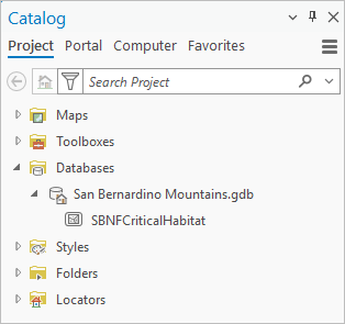 Панель каталога, в которой показаны база геоданных по умолчанию и класс объектов
