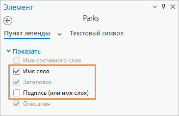 Панель Элемент для элемента легенды Parks