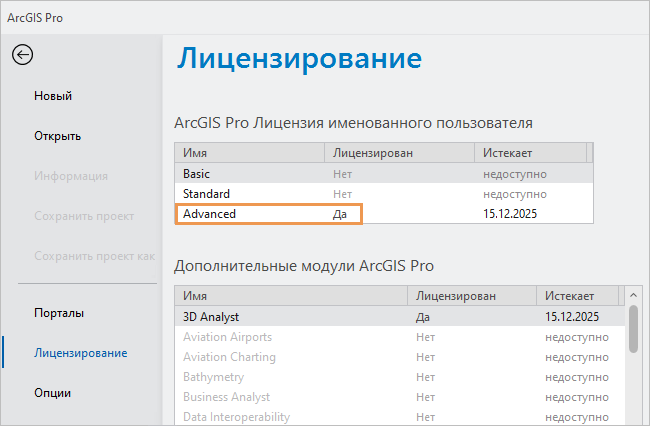 Вкладка Лицензирование в настройках ArcGIS Pro