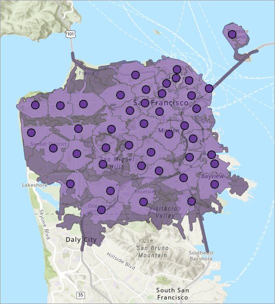 Доступные зоны в пределах двух или четырех минут от конкретной пожарной части