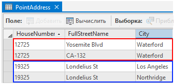 Таблица атрибутов PointAddress с дублирующимися объектами для одного местоположения с разными названиями