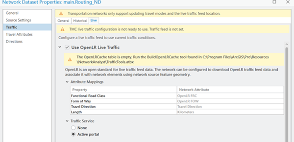 Диалоговое окно Свойства набора сетевых данных для main.Routing_ND с предупреждающим сообщением