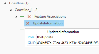 Feature association pop-up displaying role and GUID of the associated feature