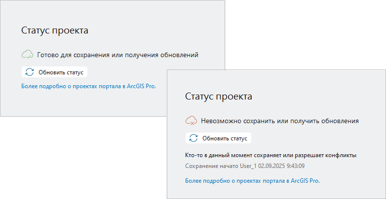 Два изображения состояния проекта на странице Информация.