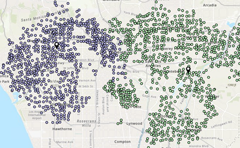 Antique store locations and their customers on the map