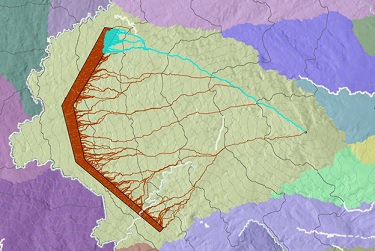 前 10% 从面目的地开始的最低成本路径的地图,可显示这些路径如何共享相似路径