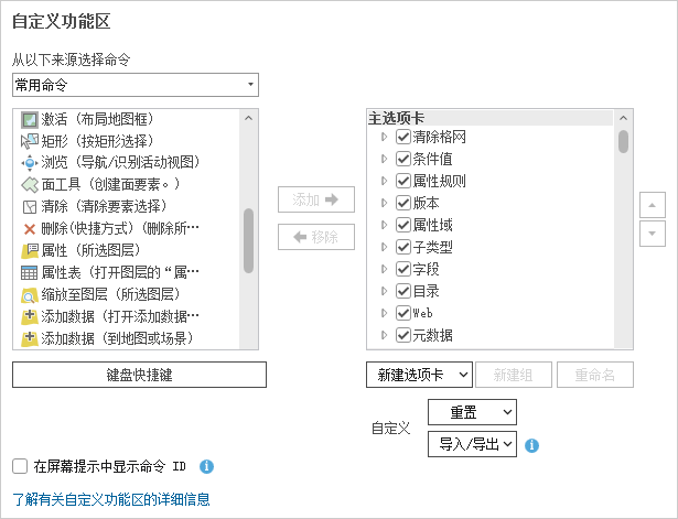 “选项”对话框上的“自定义功能区”选项卡