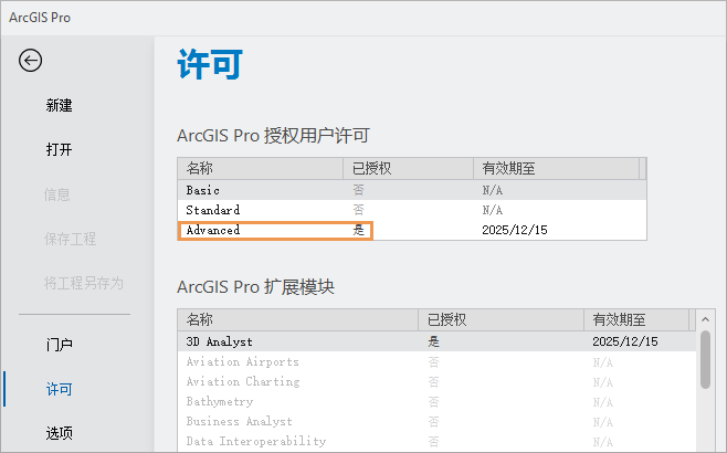 ArcGIS Pro 设置中的“许可”选项卡