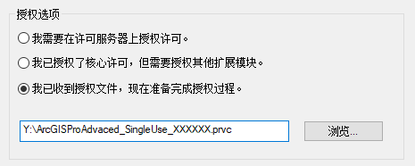 “授权选项”页面上的许可文件路径。