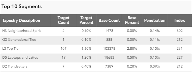 Top 10 Segments table