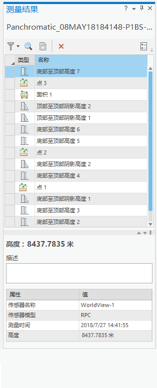 列出已测量影像对象的“测量结果”窗格