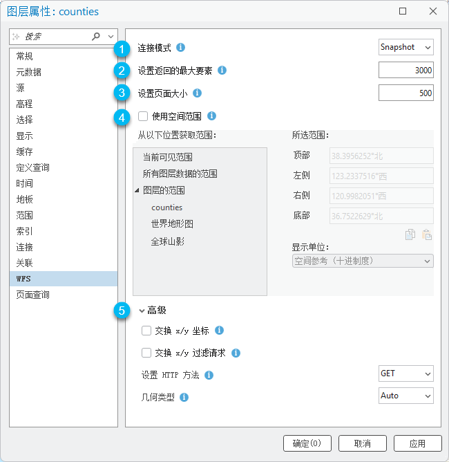 如连接模式、轴顺序或返回的最大要素数量等 WFS 图层属性