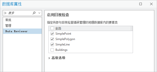 “数据库属性”对话框中包含处于活动状态的 Data Reviewer 选项卡和“启用目视检查”设置