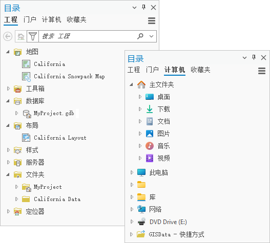 选择不同选项卡时的“目录”窗格并排图像。
